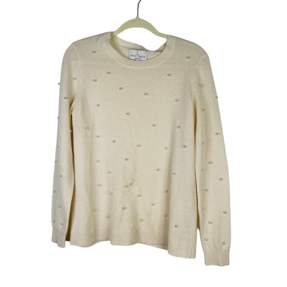Belle France 100% Cashmere Pullover Sweater Ivory Pearl Quiet Luxury Size Large - Picture 1 of 12